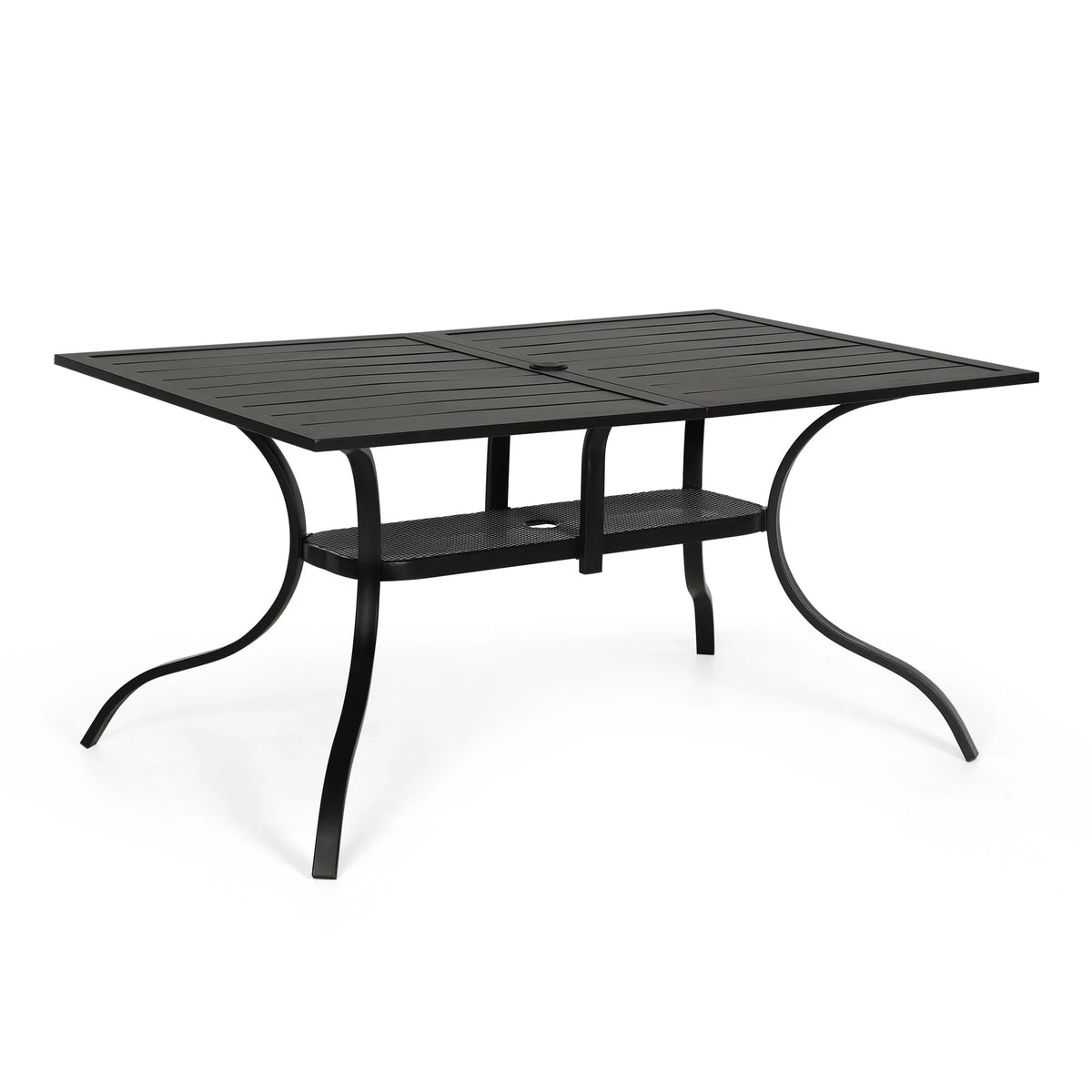 SOLAURA Outdoor Patio Dining Rectangle Metal Table for 6-Person with Umbrella Hole, Black