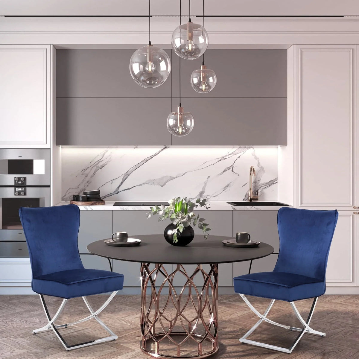 Foredo Elegant Velvet Dining Chairs Set of 2, Luxury Upholstered Dining Chair with Metal Legs, X-Legs Tufted Side Chair for Dining Room Living Room, Dark Blue