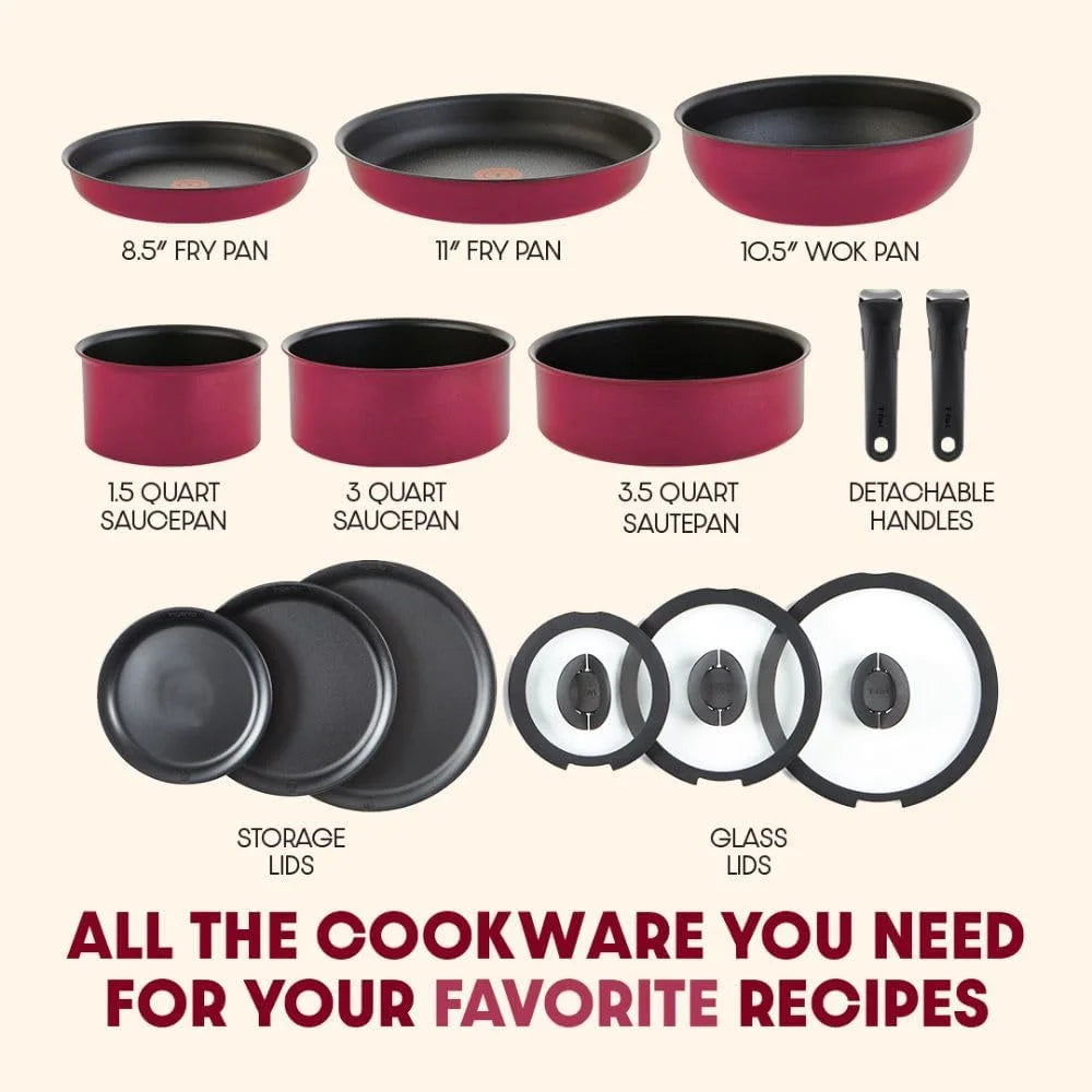 T-fal Ingenio Expertise Nonstick 14-Piece Cookware Set, Induction Oven Safe up to 500F, Detachable Handle, Onyx Black