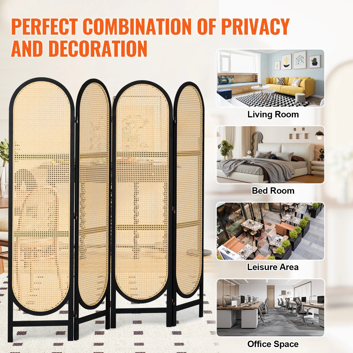 KFFKFF Quadruple Panel Space Separator, Artisan-Crafted Rattan Foldable Privacy Barriers with Connectors, Movable Space Partitions, Timber Independent Room Splitter for Sleeping Quarters, Cocoa