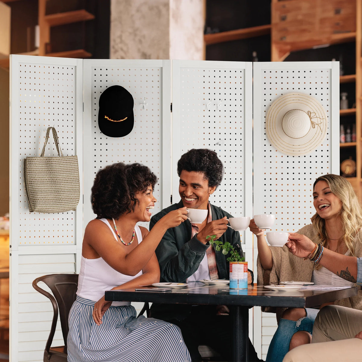 Dextrus Room Divider, 4 Panel Folding Privacy Screens with Pegboard Display, Freestanding Portable Privacy Screen Room Partition for Jewelry, Craft Show, Retail, Living Room, Bedroom