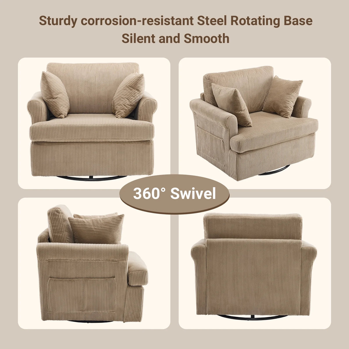 Ktaxon Swivel Accent Chair, 360-Degree Rotation Reading Chair, Corduroy Fabric Sofa with Armrest Pockets, Solid Metal Base, Perfect for Living Room Bedroom Black