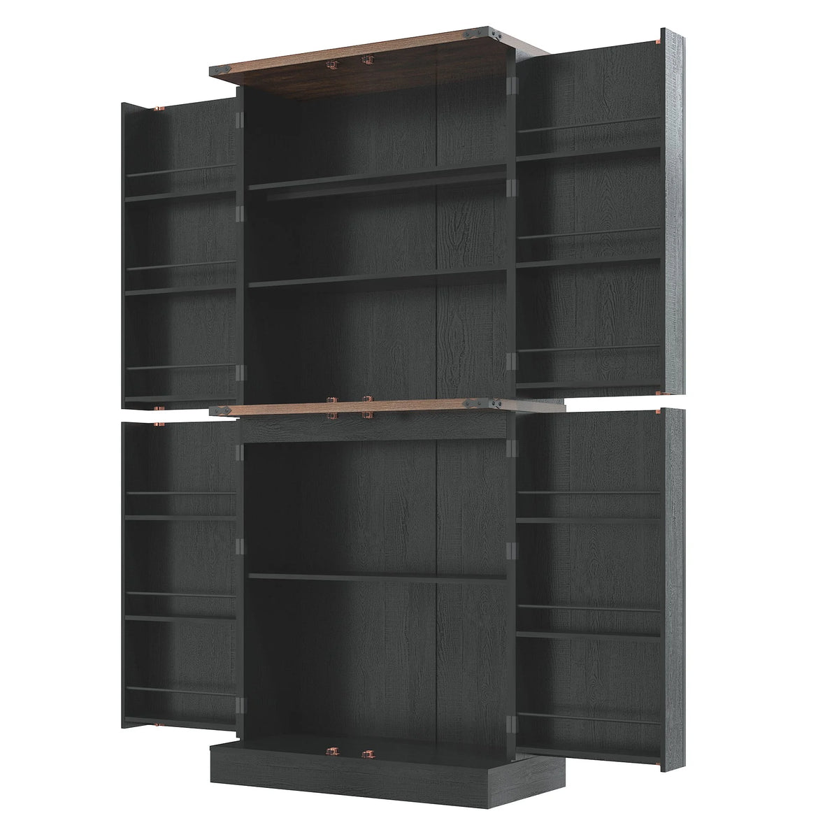 71" Tall Farmhouse Kitchen Pantry with 12 Side Shelves & Adjustable Shelves, 5 Layers Pantry Storage Cabinet w/Load-Bearing Steel Pipe & 4 Barn Doors for Kitchen, Dining Room, Living Room, Brown