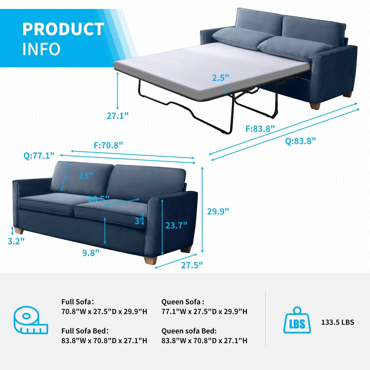 BALUS 2-in-1 Sofa Bed, Full Pull-out Sofa Bed, Sofa Bed with Foam Mattress, Loveseat Sofa Bed for Living Room, Bedroom, Office, Small Space, Blue