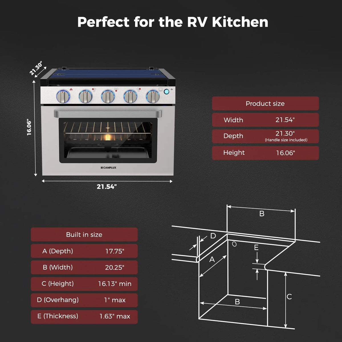 CAMPLUX 21 In RV Stove Gas Range , Gas Range Oven with 3 Burners Cooktop