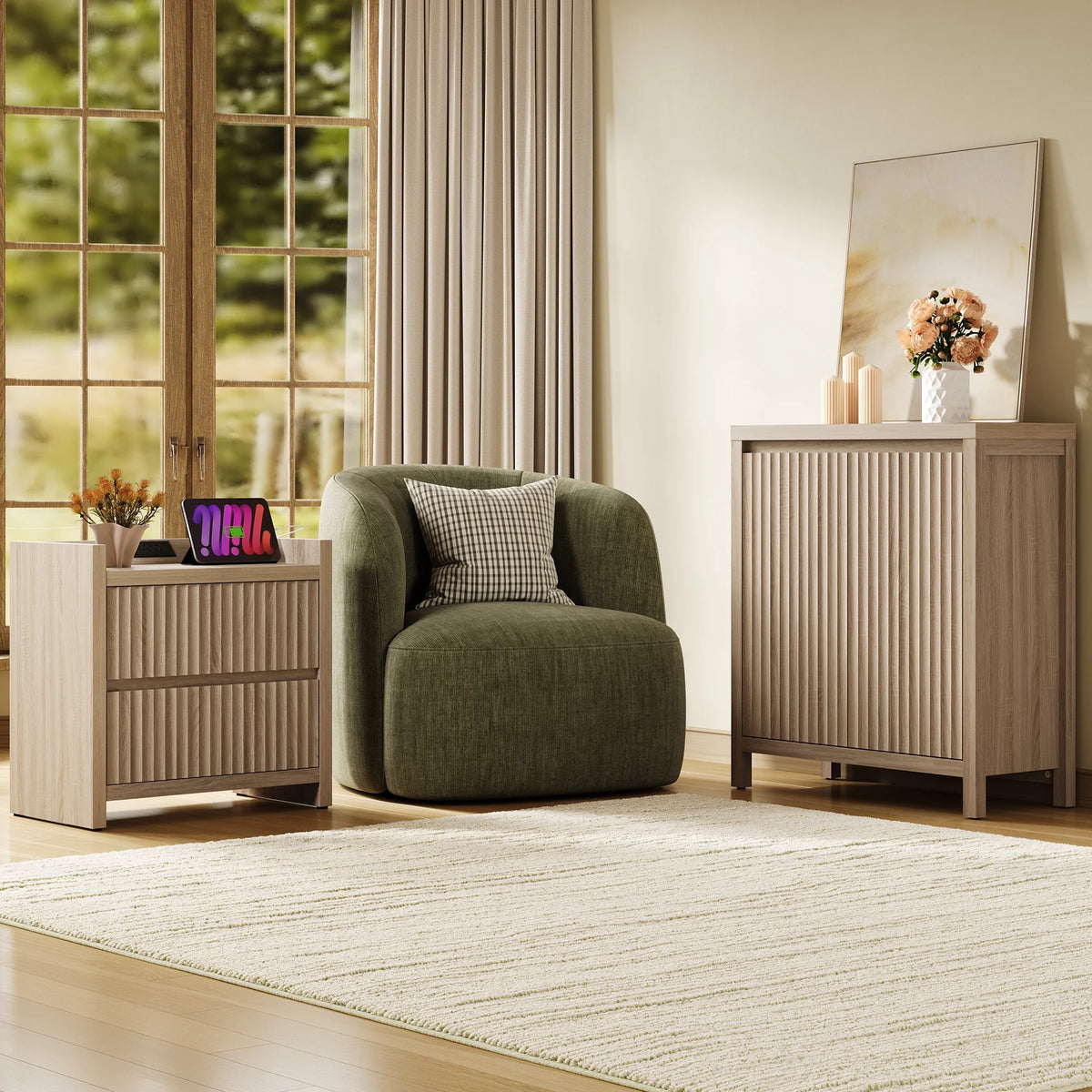 SICOTAS 25.4" Wide Nightstand Set of 2 with Charging Station, Modern Night Stand with 2 Fluted Dresser & Handle-Less Storage Farmhouse Bed Side Table for Bedroom, Natural Oak