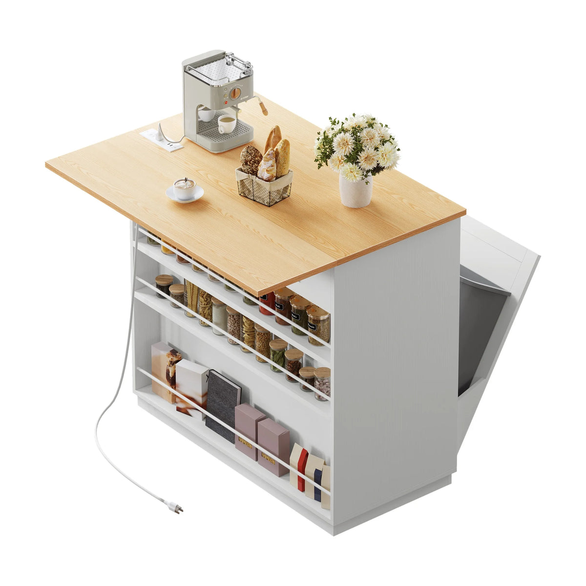 DEXTRUS Kitchen Island Cart with Drop Leaf & Power Outlets, Kitchen Island with 2 Trash Can Cabinets & Storage Shelves, Black