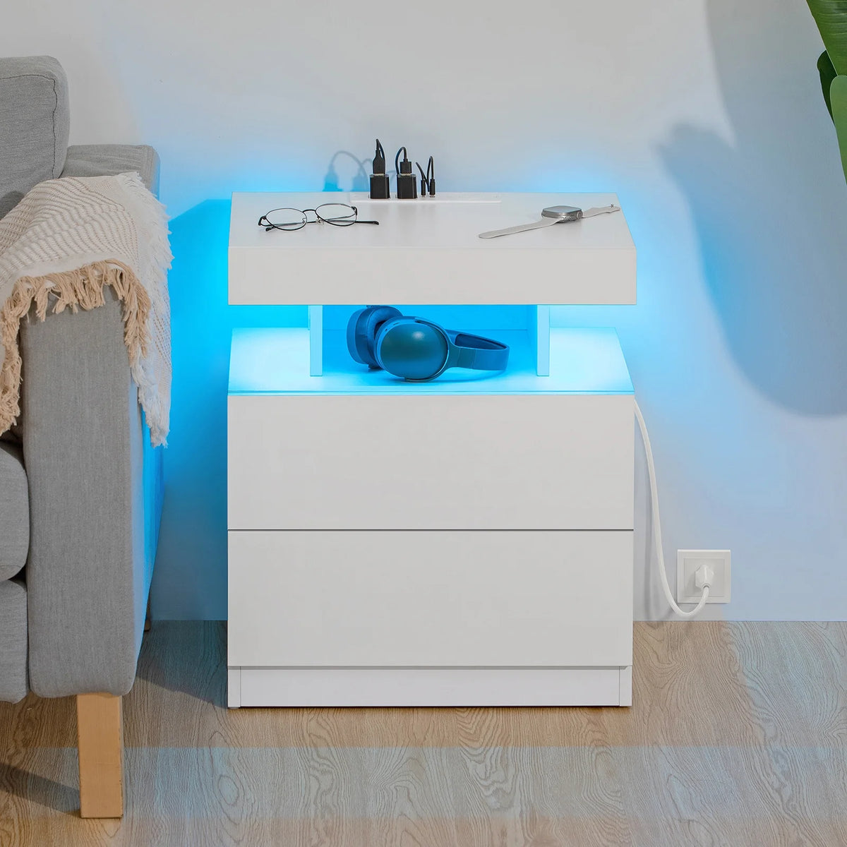 Hommpa LED Nightstand with Wireless Charging Station Modern Nightstand Type C USB Port 2 Drawers Bedside Table Black Smart Night Table High Gloss End Side Table for Bedroom Furniture 22.3" Tall