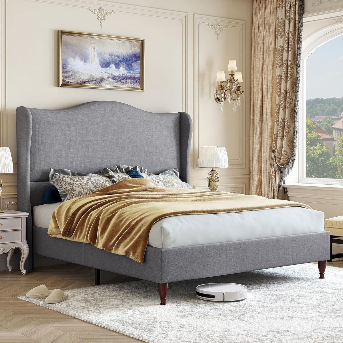 Neche Queen Upholstered Bed Frame with 51" Tall Headboard Classic Curved Wingback Platform Bed with Soft Fabric, Retro Simple Sleigh Bedframe No Box Spring Needed/Easy Assembly, White