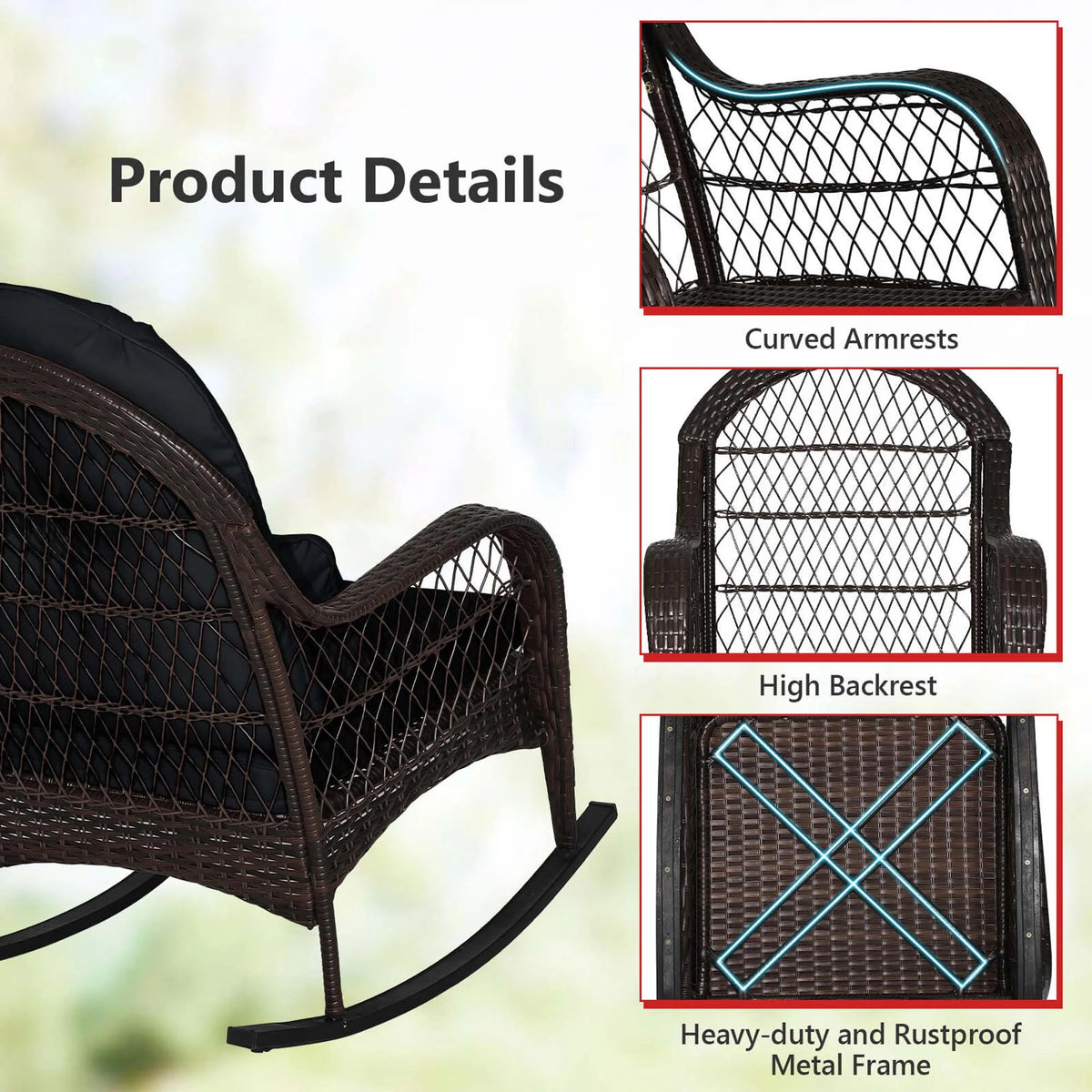 Costway Patio Wicker Rocking Chair W/Seat Back Cushions & Lumbar Pillow Porch Off White