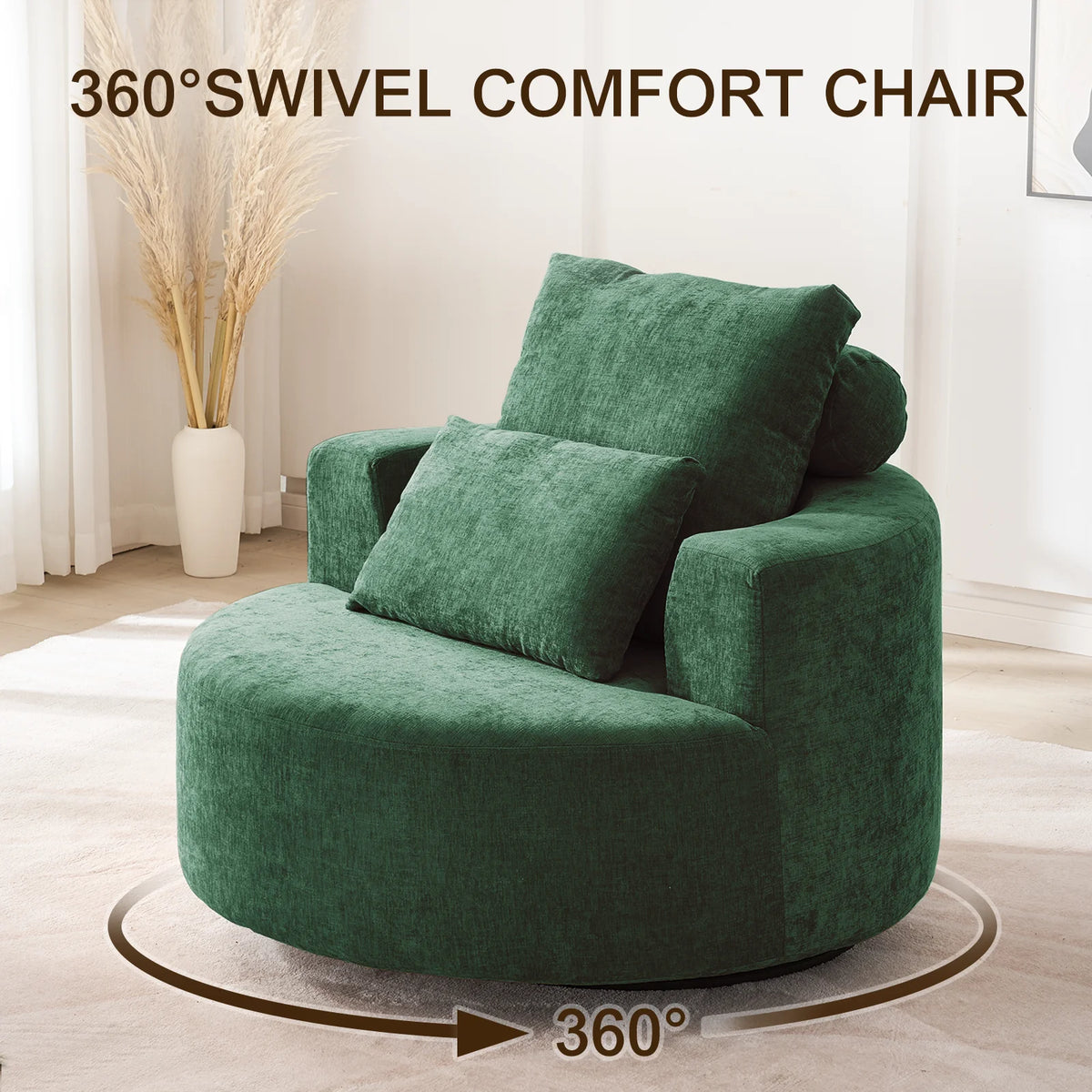 Fumahaus Upholstered Swivel Accent Chair, Oversized Comfy Round Sofa Chair with Two Pillows, Leisure Sofa Chair for Living Room Bedroom, Beige