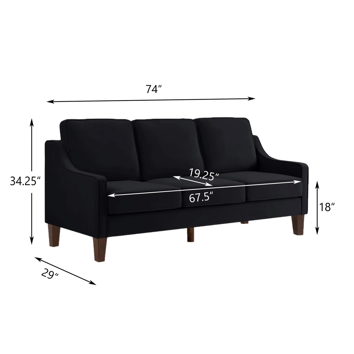 Living Room Sofas Modern 3 Person seat Sofa Couch with Scooped Armrest/Wood legs,Upholstered Velvet 3-seat Sofa with Removable Cushions for Livingroom Bedroom,Black,Comfortable Sofas