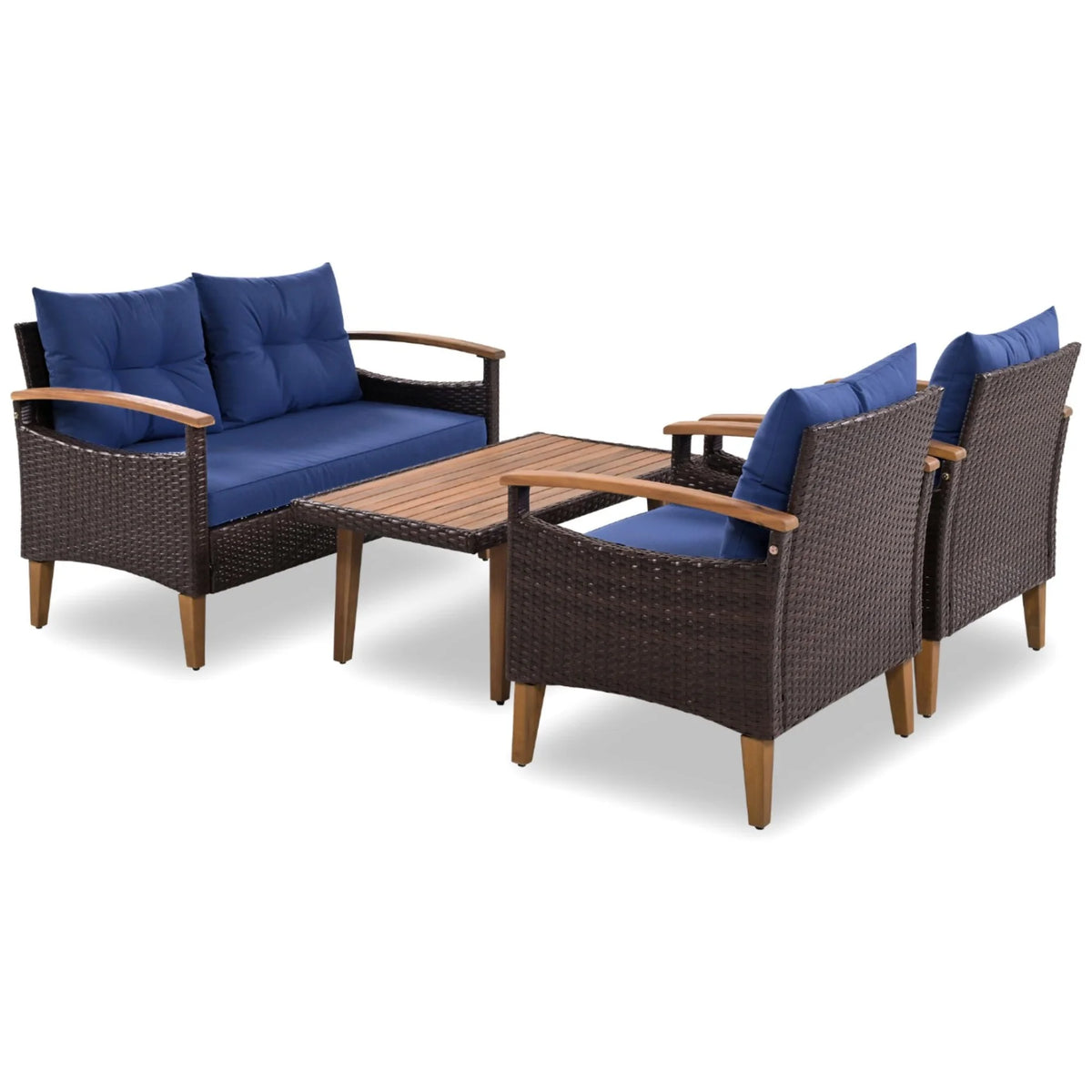 4 Piece Garden Furniture Set, Patio Seating Set with Wood Table, PE Rattan Sofa and 2 Chairs, Outdoor Conversation Set with Table Cover, Pillows and Adjustable Feet, Brown+Beige