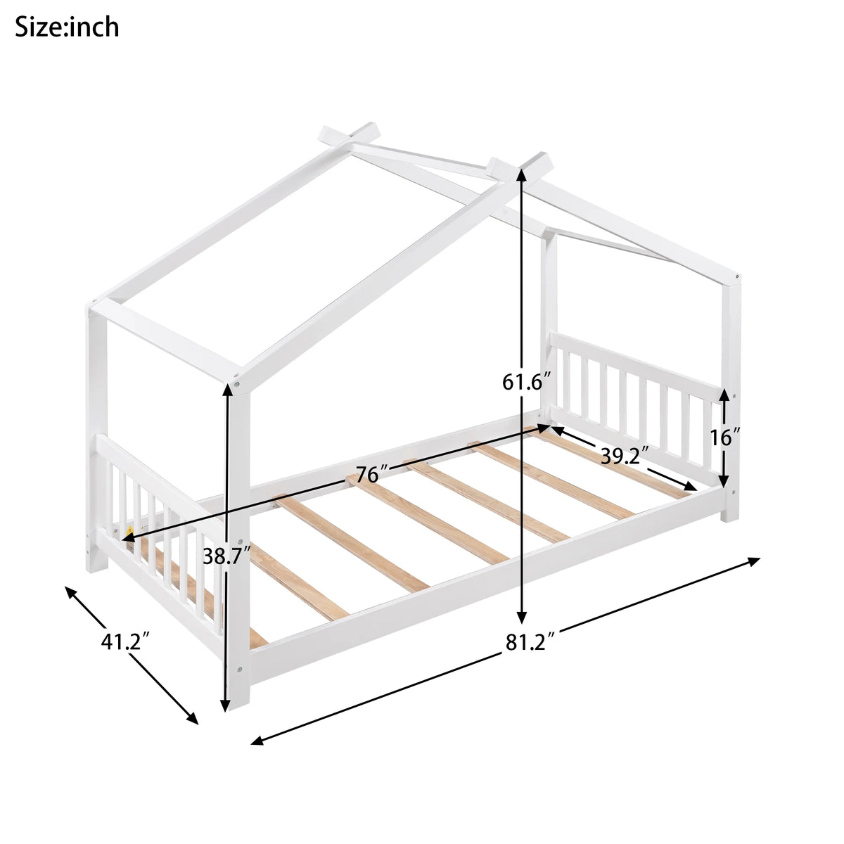 Euroco Wood House-Shaped Twin Platform Bed for Kids, Low Profile House Bed, No Box Spring Needed, Wood Color