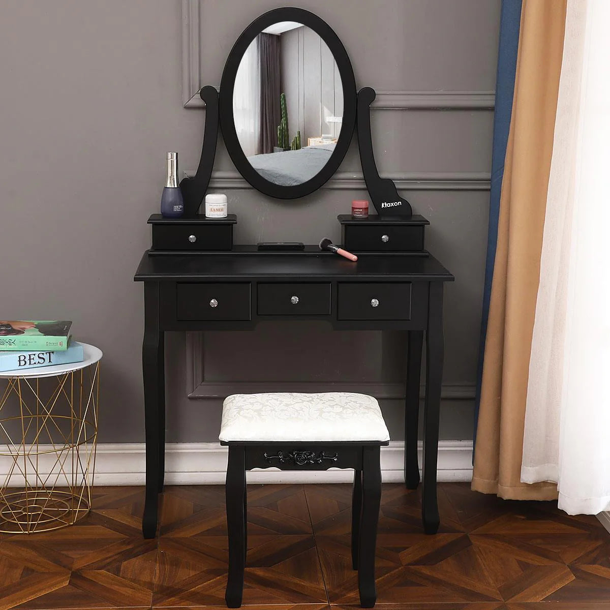SamyoHome Oval Mirror Vanity Makeup Dressing Table and Stool Set Jewelry Desk with 5 Drawers, Black