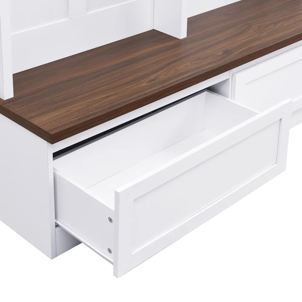 Farmhouse 4-in-1 Hall Tree with Wood Grain Bench, Mudroom Versatile Coat Rack with 2 Large Drawers, Large Entrance Organizer with 6 Black Hooks for Hallway, Living Room, White, 55.9"Wx75.6"H