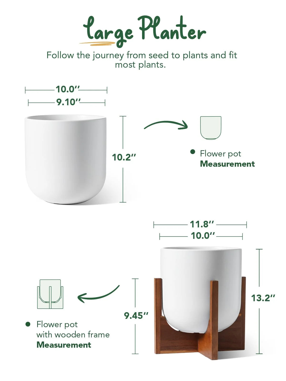 BEMAY 12" White Ceramic Planter with Wood Stand, Large Indoor Plant Pot and Flower Pot for Tall Plants and Houseplants, Mid Century Modern Decor
