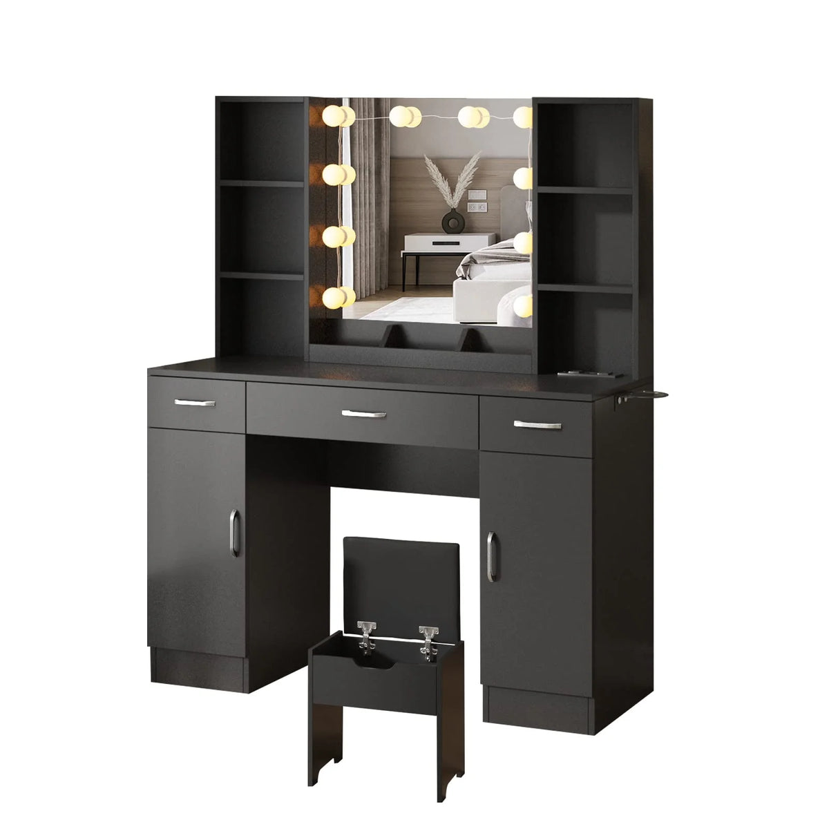 VEANERWOOD Large Makeup Vanity Set with Light Modern Makeup Vanity Table with Storage and Adjustable Lighting Colors for Bedroom 45.2in, White