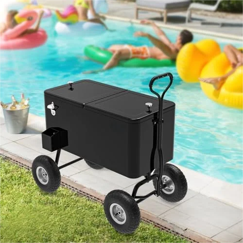 80 Quart Wagon Rolling Cooler Ice Chest, /Long Handle and 10" Wheels, Portable Beach Patio Party Bar Cold Drink Beverage, Outdoor Park Cart on Wheels