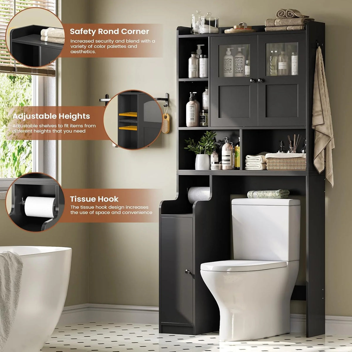 Over The Toilet Storage Cabinet with 3 Doors, Farmhouse Space Saver for Bathroom Organizer with Paper Holder, 10 Shelves and Hooks, 7-Tier Over Washing Machine Cabinet for Laundry, Bathroom, Natural