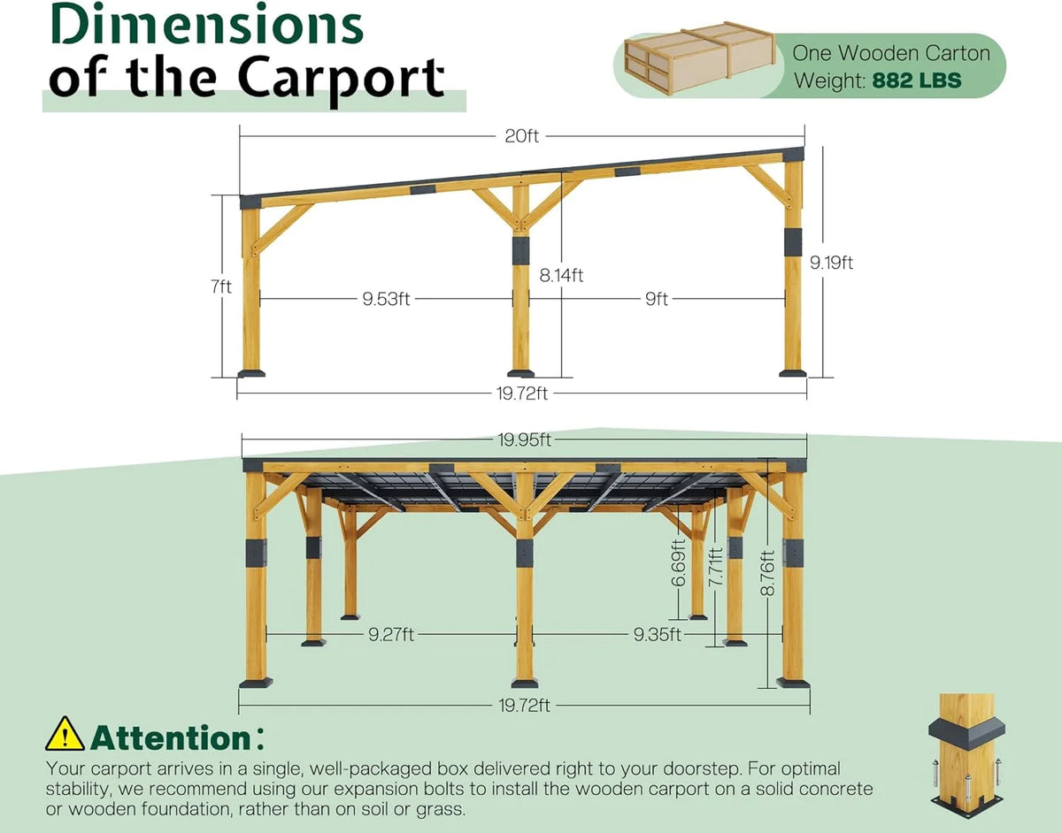 Jocisland 20x20x9.2 ft Cedar Wood Carport with Sloped Galvanized Steel Roof, Heavy Duty Outdoor Shelter for 2 Cars, Trucks, Boats & Tractors