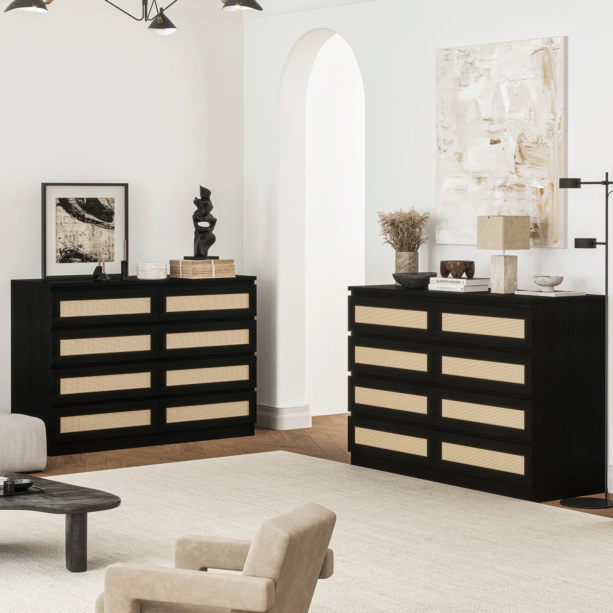 Jojoka 6-Drawers Rattan Dresser for Bedroom Chest of Drawers, TV Stand for 55" TV, Wood Top Storage Organizer Cabinet for Living Room, Entryway, Hallway, Natural