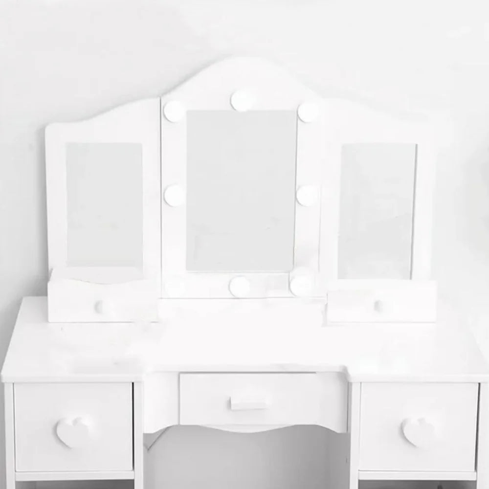 Zzistar Kids Vanity Table Set with Light, Tri-Folding Mirror, 5 Drawers and Square Stool, Wood Makeup Desk Dressing Table with Open Storage Shelves and Detachable Top