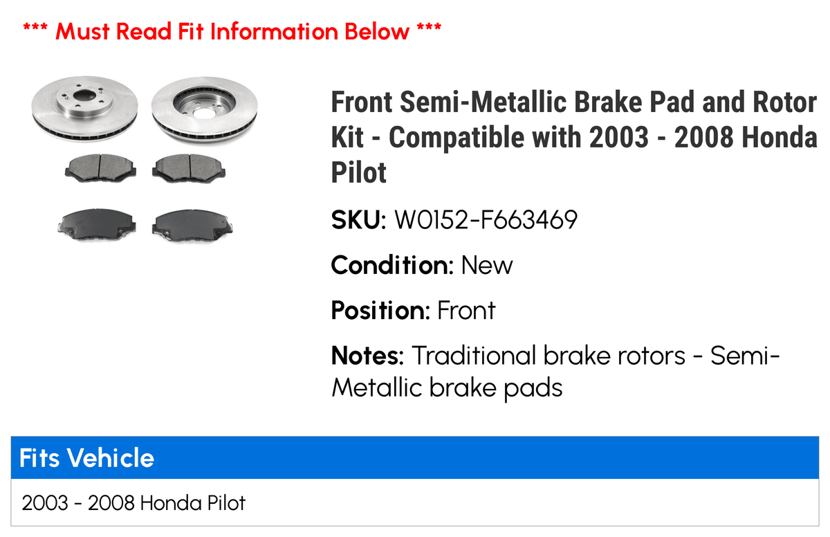 Front Semi-Metallic Brake Pad and Rotor Kit - Compatible with 2003 - 2008 Honda Pilot 2004 2005 2006 2007