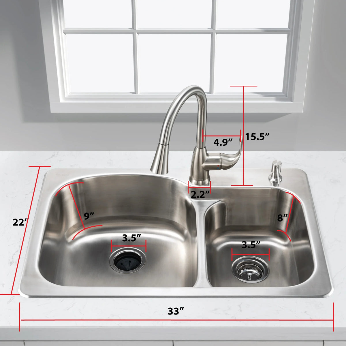 Frigidaire 60/40 Dual Mount 33" Stainless Steel Kitchen Sink Combo W/ Brushed Nickel Faucet & Disposal