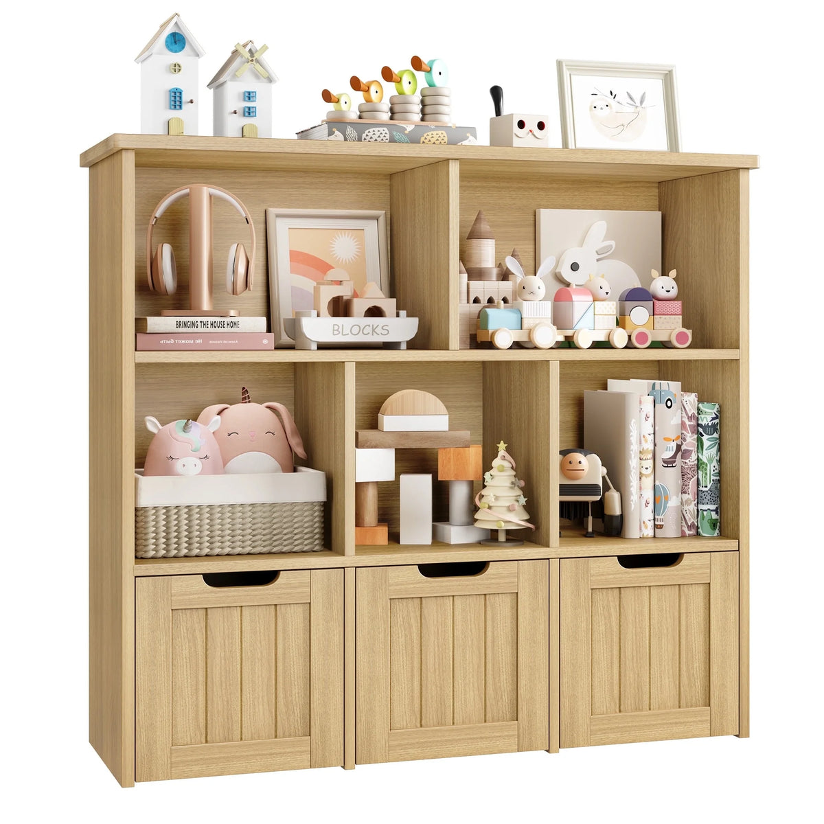 Homfa Toy Storage Organizer with 3 Movable Drawers, 5 Cube Kids Bookcase for Playroom, Storage Cabinet for Living Room, White Finish