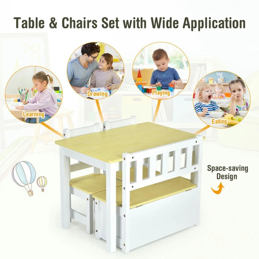 Kadyn Children Kids Table Chair Set,Children Playroom Table Chair Set,4 Pieces Kids Wooden Activity Table and Chairs Set with Storage Bench and Study Desk-Natural