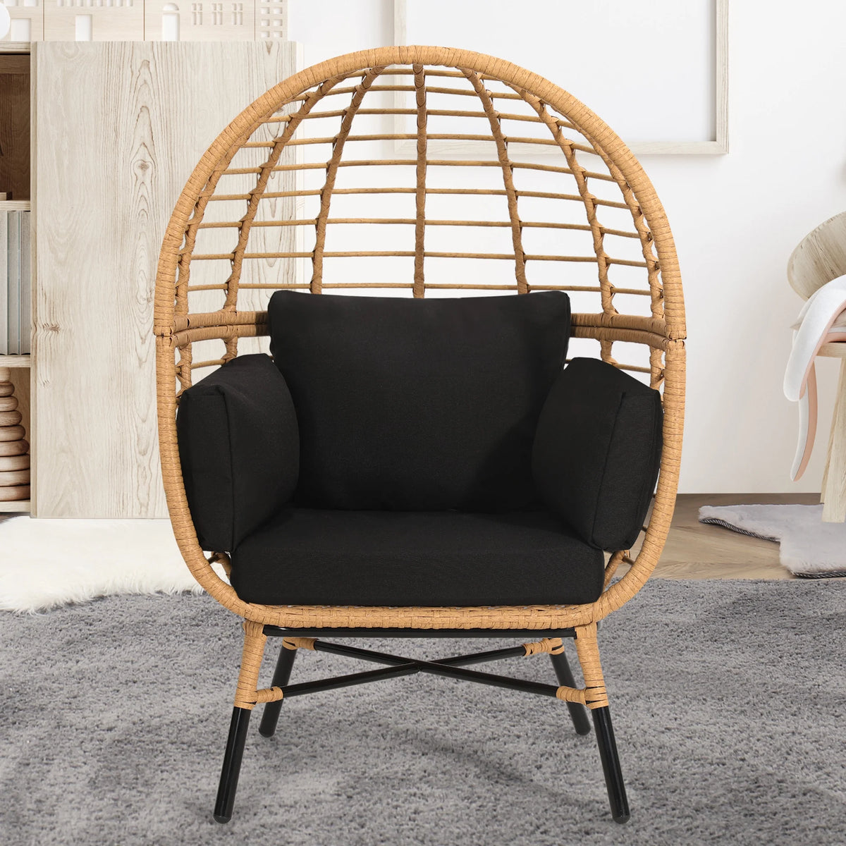 Skandiquip Oversized Rattan Adult Egg Chair, 360 Swivel, Outdoor Patio Chair with overstuffed Cushions, Indoor Large Wicker Egg Chair, Natural Rattan, Beige Cushion