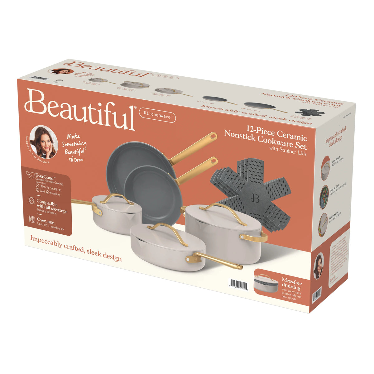 Beautiful 12pc Ceramic Non-Stick Cookware Set with Strainer Lids, White Icing by Drew Barrymore