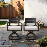 Outdoor Patio K/D Aluminum Stationary Dining Chairs 2PCS with Outdoor-grade Sunbrella Fabric Cushions, Branch-Like Backrest ,FSC-Certified Wood Armrests, Bourbon Brown