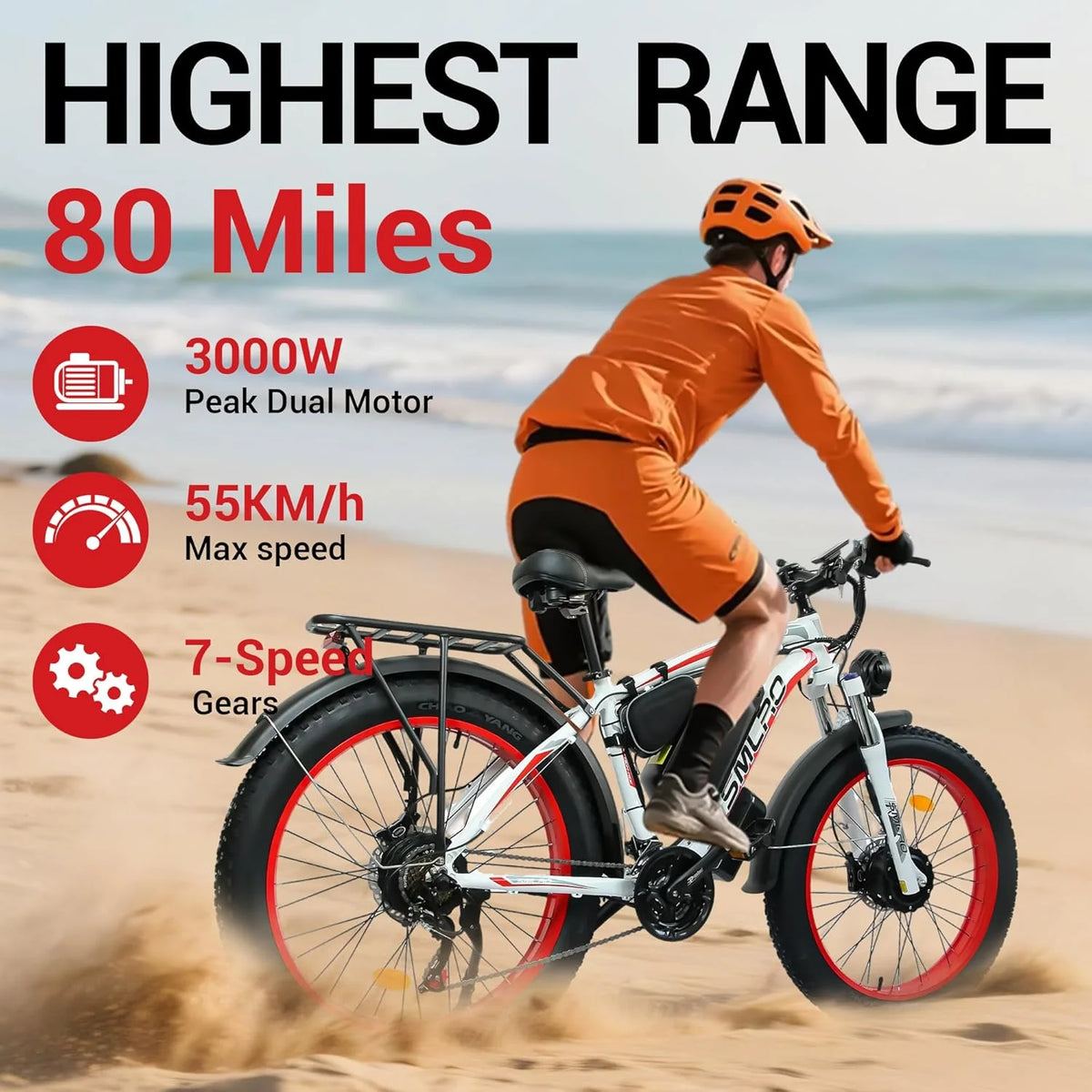3000W Peak Dual Motor Ebike, 52V 30AH Battery Electric Bike for Adults, 7-Speed 40MPH AWD Ebike Mountain Snow E-Bike with 26" x 4.0 Fat Tire MTB Hydraulic Disc Brake for Off-Road Snow