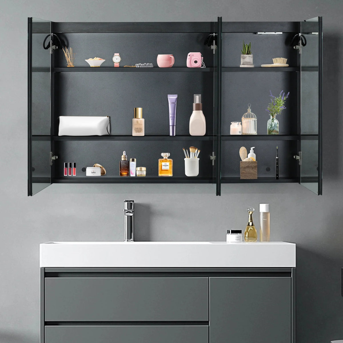Ktaxon 48"x28" LED Bathroom Mirror Cabinet with Lights, Wall-Mounted Medicine w/ Defogger, Dimmable, Memory function, Outlets & USB, White