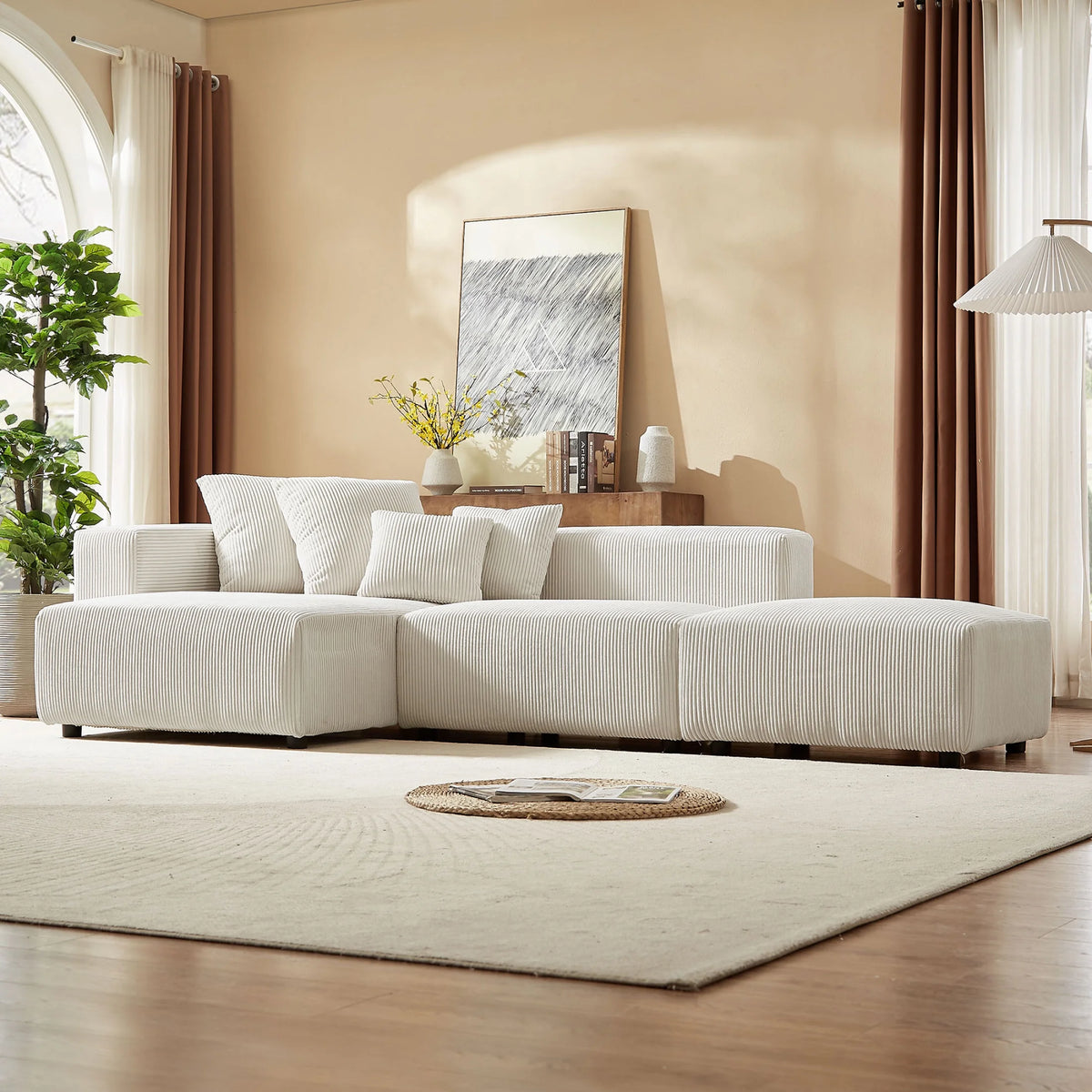 Newboti Furniture Soft Corduroy Sectional Modular Sofa Set, Small L-Shaped Chaise Couch for Living Room, Apartment, Office, Beige 25673