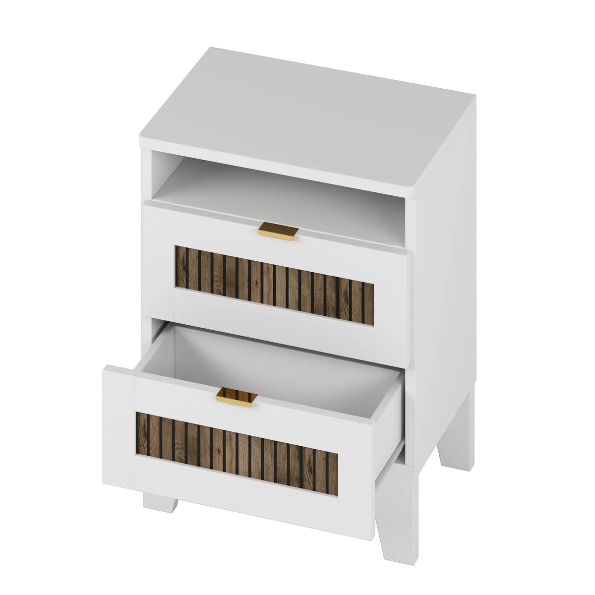 4-Pieces Bedroom Sets, Queen Size Farmhouse Platform Bed with Wooden Strip Stickers Decoration, Storage Nightstand and Dresser with Metal Handle, White