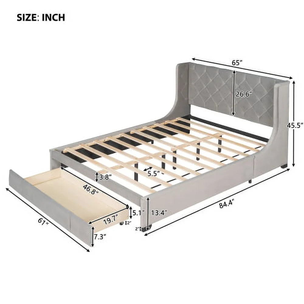 Queen Bed Frame with Storage Drawer, Velvet Upholstered Storage Bed, Wood Platform Bed Frame with Wingback Headboard and a Big Drawer(Beige)