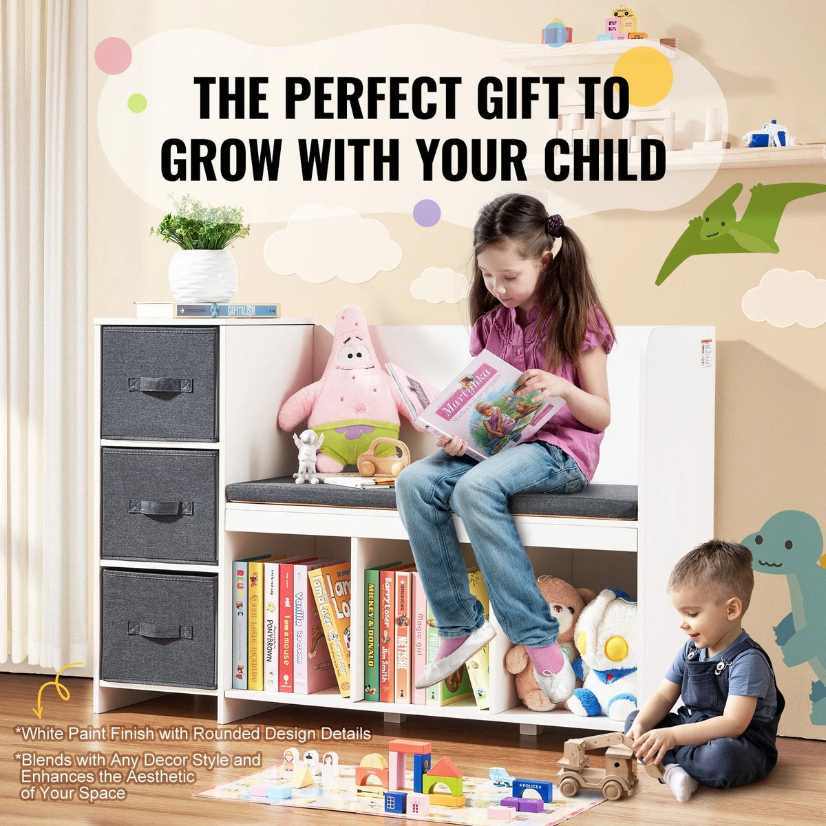 Kids Reading Nook Bench with 6-Cubby Storage, 3 Drawers & Removable Cushion, Toddler Bookshelf Organizer for Playroom Bedroom Living Room Entryway, White Wooden Toy Chest