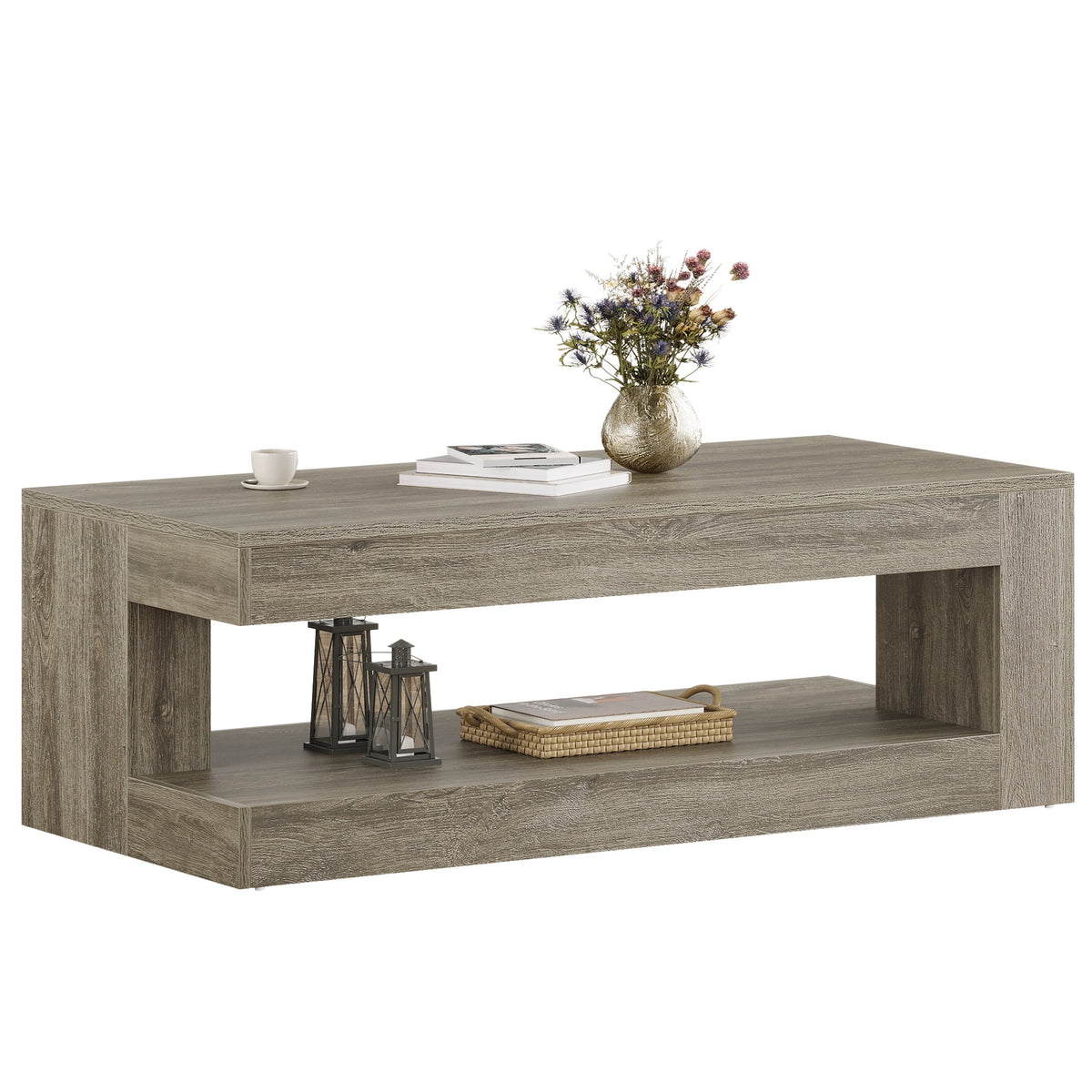 Tribesigns Coffee Table for Living Room, 47.24-Inch Farmhouse 2-Tier Accent Center Tea Cocktail Table with Storage, Elegant Grey, Rectangular