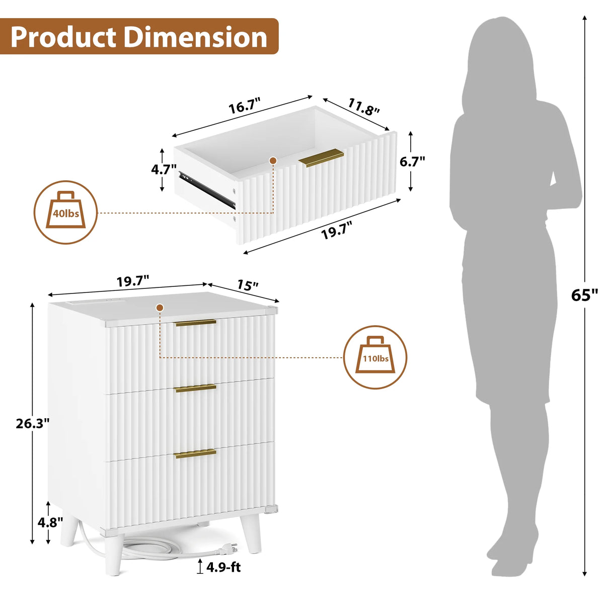 GIKPAL Night Stands for Bedroom, Modern Bedside Table with 3 Drawers & Charging Station,Fluted Panel End Tables for Bedroom & Living Room, Natural