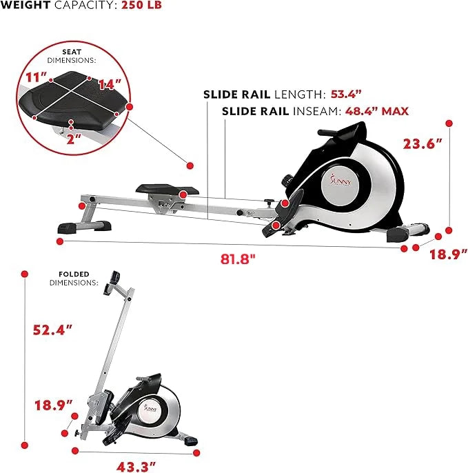 Sunny Health & Fitness 53.4" Extended Slide Rail Magnetic Rowing Machine Rower with Free SunnyFit App Membership - SF-RW5515