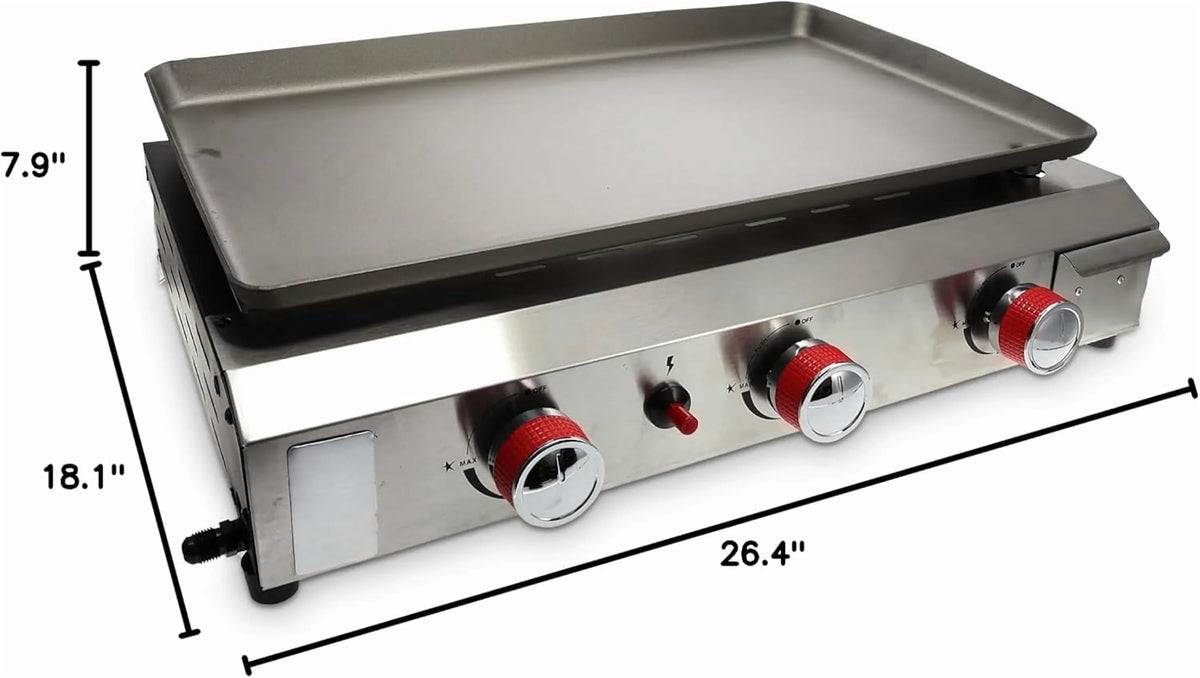 26 In Flat Top Gas Grill with 3 Burners �C Auto Ignition Propane �C Premium Stainless Steel Body Tabletop with Pre Season