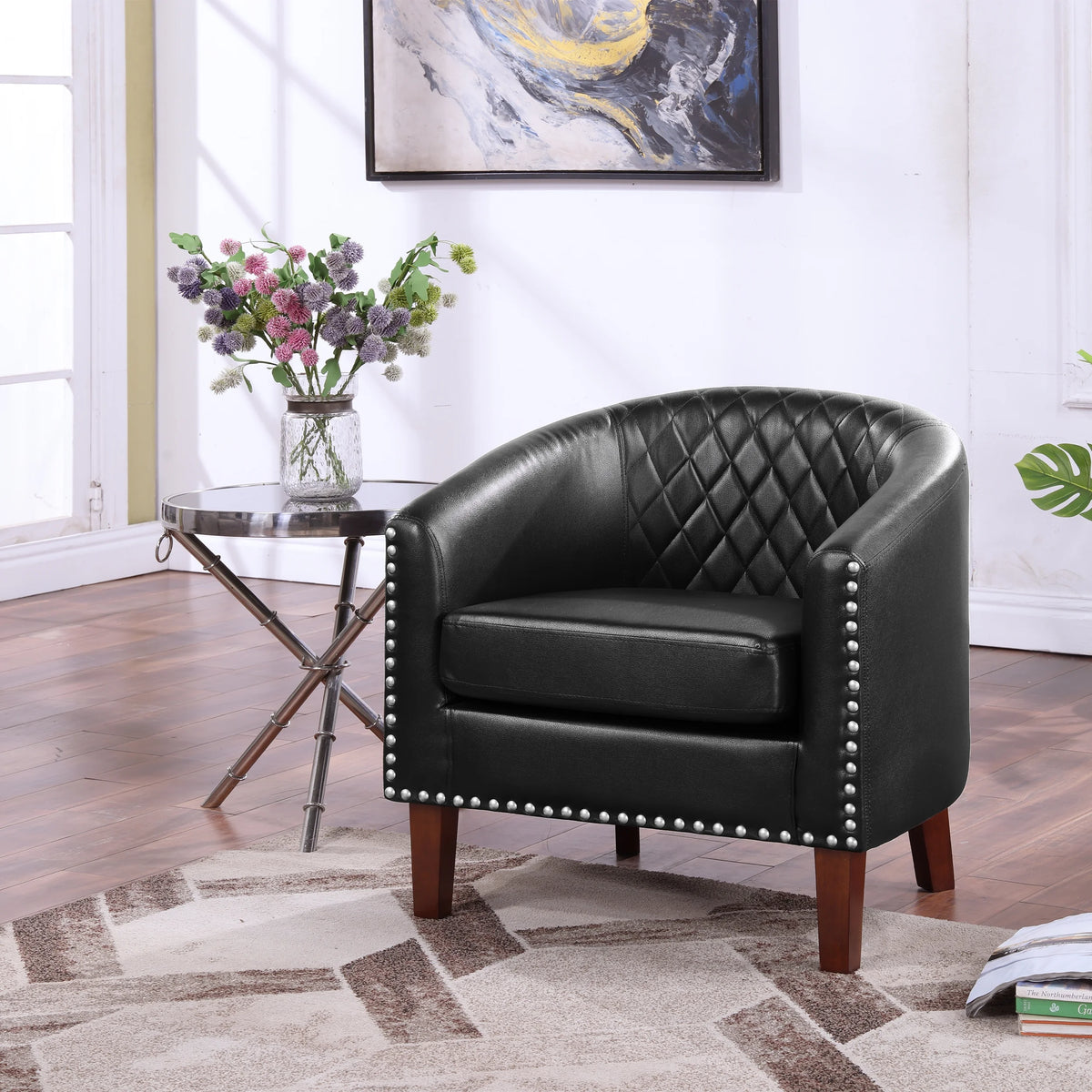 Barrel Accent Chair for living room, modern Leather Club Barrel Chair comfy Reading Armchair for Bedroom, Brown