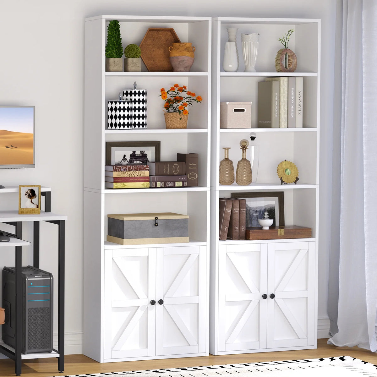 Easoger 6 Tier Bookcase Set of 2, Bookshelves with Barn Cabinet Doors, Floor Bookshelves for Home Office, Living Room, Black