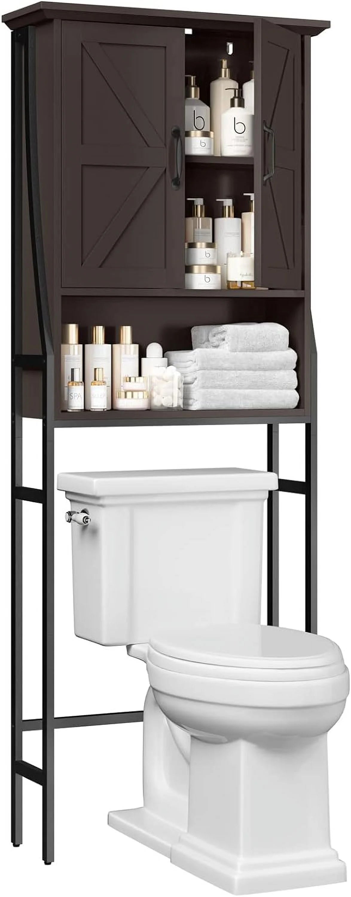 Over The Toilet Storage Cabinet, Over Toilet Bathroom Organizer, Above Toilet Storage Cabinet with Barn Doors Behind Toilet Bathroom Organizer Over-The-Toilet Cabinet (Cream White)