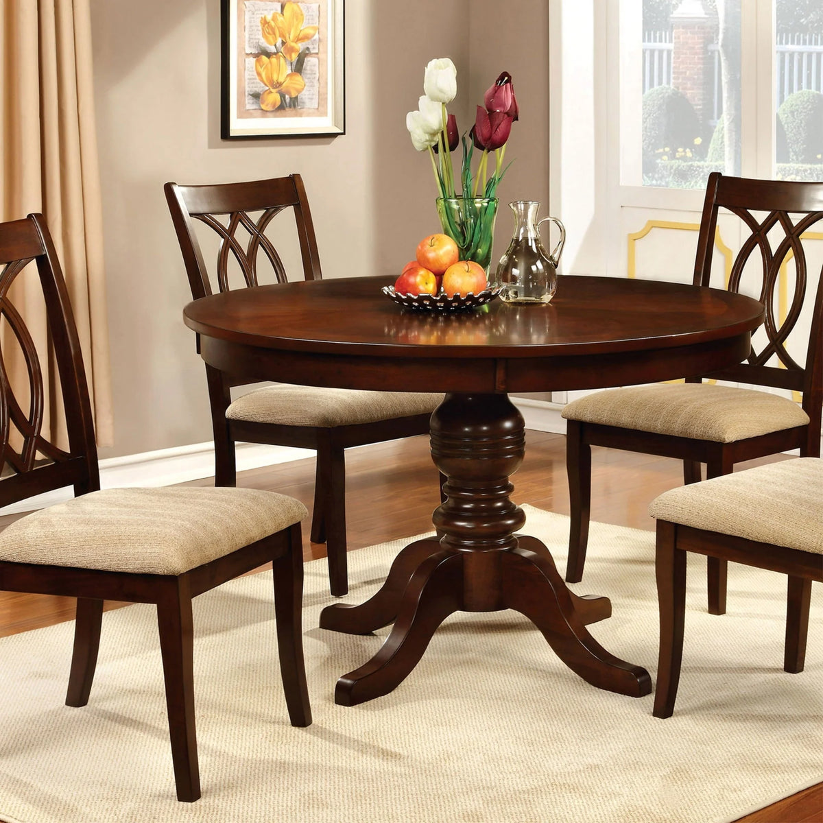 Benjara Round Wooden Dining Table with Pedestal Base, Brown