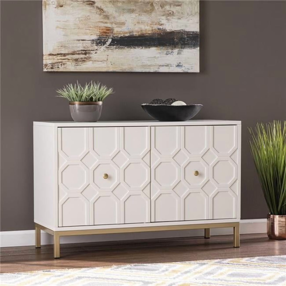 26 x 39.8 x 16.5 in. Moroccan Dynasty Two Door Accent Cabinet, White & Gold