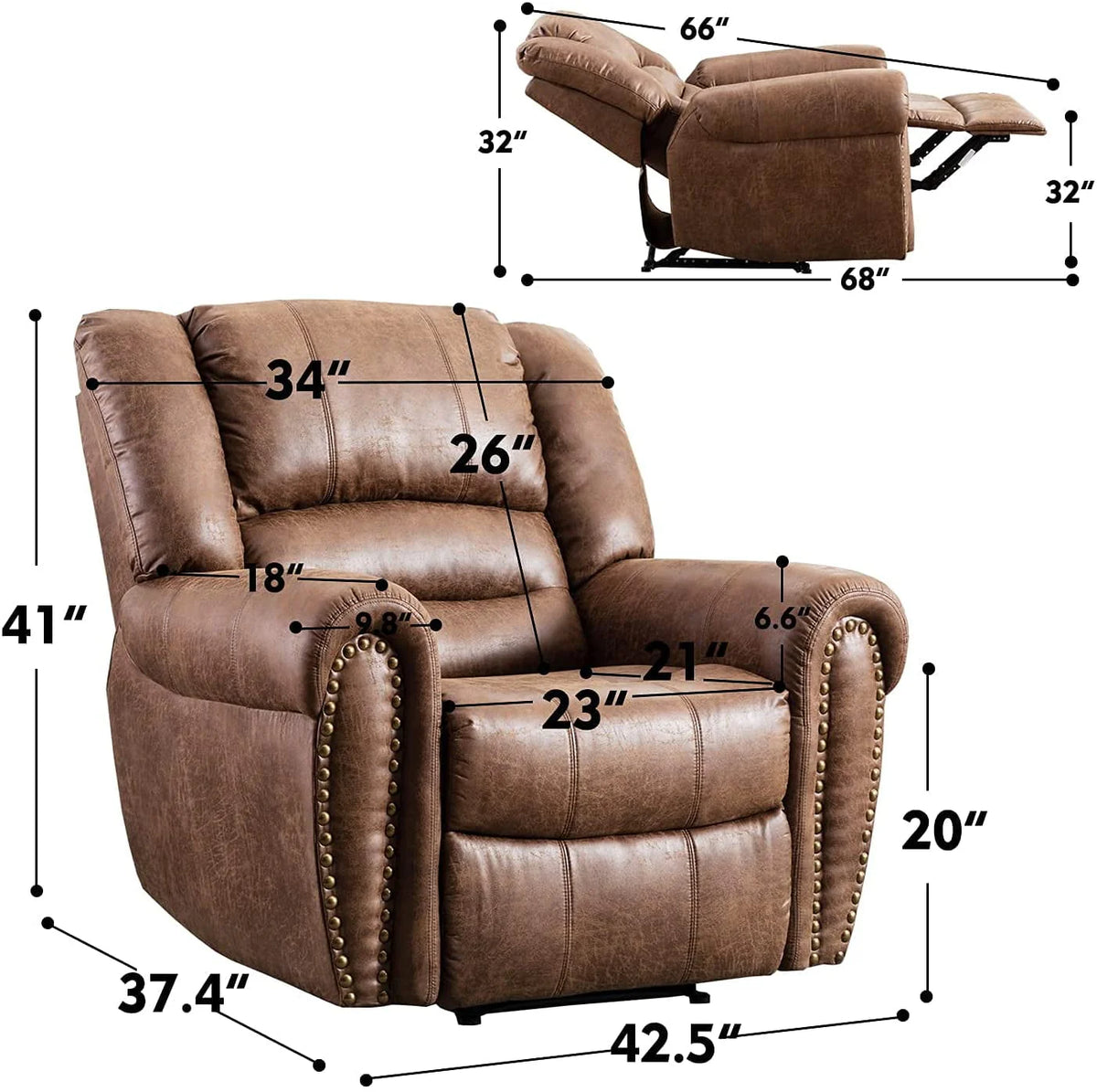 Bonzy Home Widen Leather Recliner Chair with Comfortable Arms and Back Single Sofa for Living Room, Nut Brown